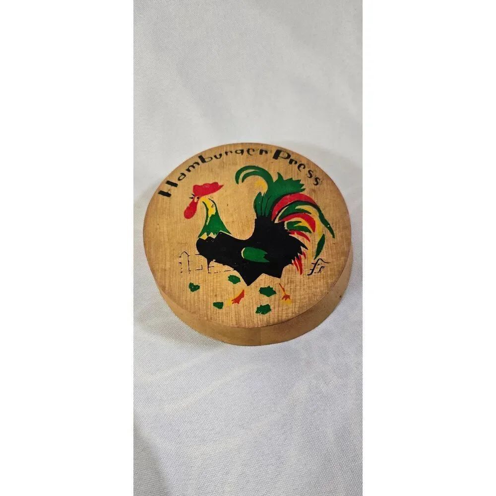 Vintage MCM Wooden Hamburger Press with Rooster Art Kitchen Décor